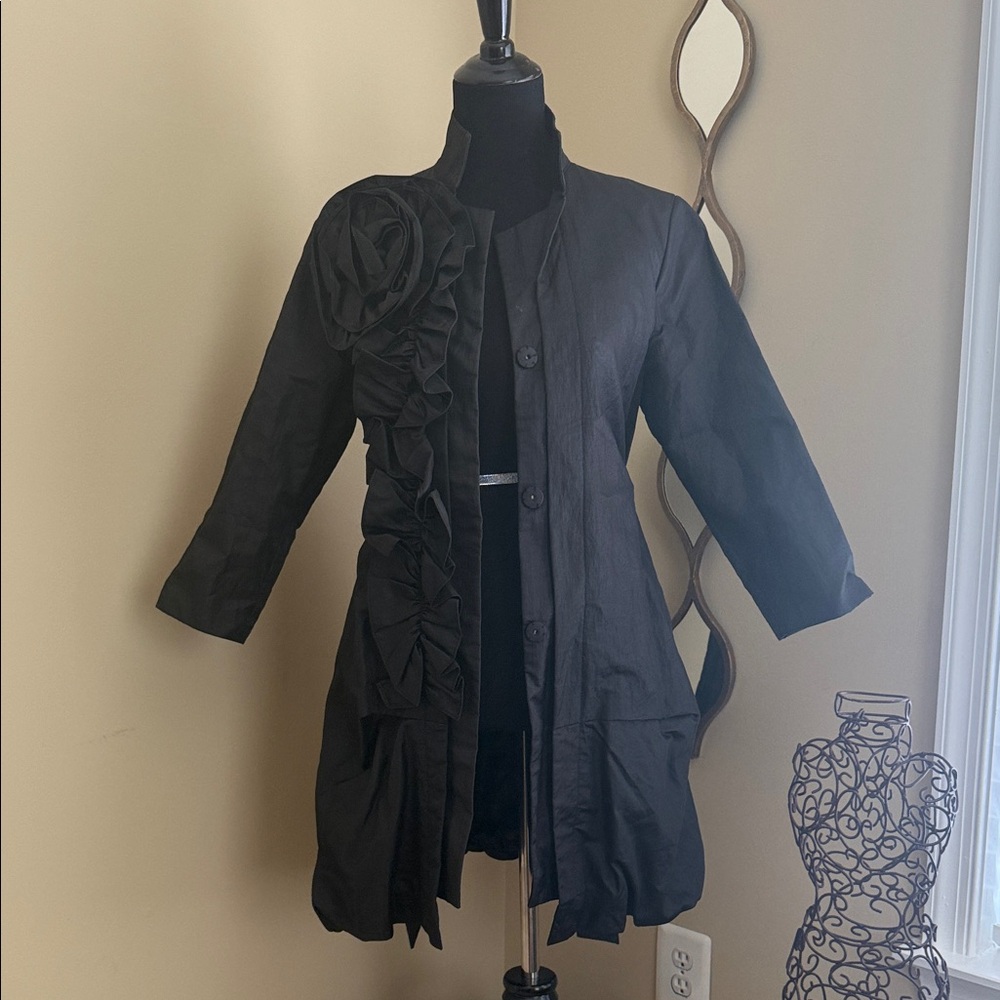 Chic Black Trench Coat with Floral Detail